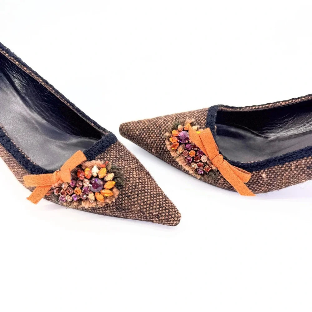 Prada Brown Wool Tweed Kitten Heel Pumps IT 37 US 7 Crystal Bow Pointed Toe - Picture 6 of 12